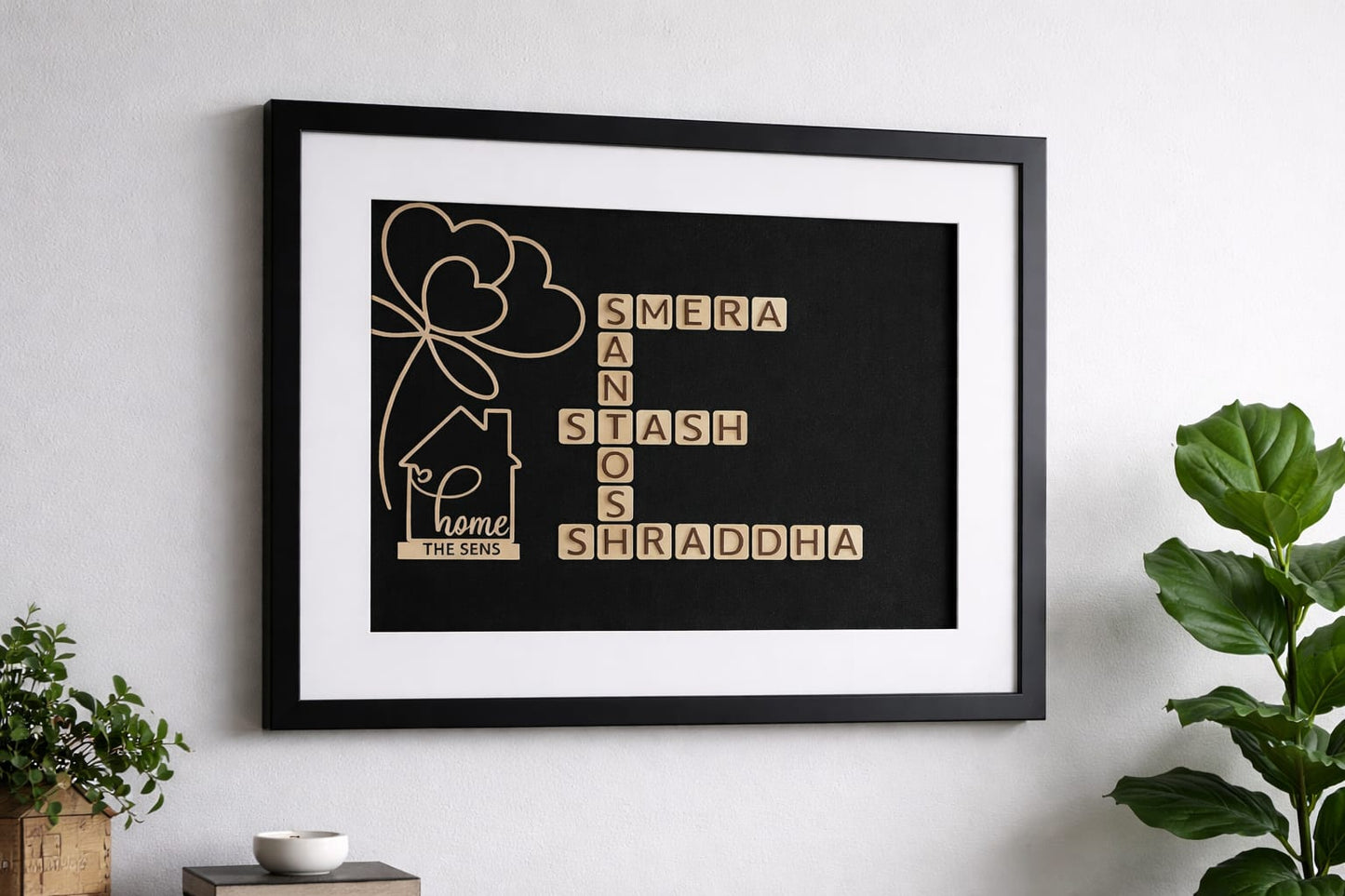 Personalized Family Name Scrabble Frame with Heart & Home Motif