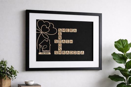 Personalized Family Name Scrabble Frame with Heart & Home Motif
